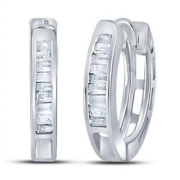 1/6cttw Baguette Diamond Earrings Hoop 925 Sterling Silver - Picture 2 of 2